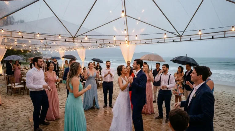 Casamento na praia com chuva: o plano B que funciona