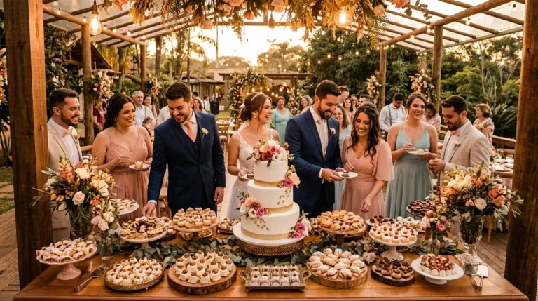 Espaços para casamento com mesa de doces e bolo decorada